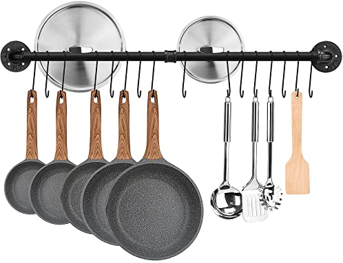 Toplife Hakenleiste Küche 100 cm, schwarze Hängeleiste mit 16 Haken, Stange für Küchenutensilien