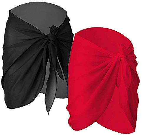 Damen Chiffon Sarong Pareo,2er Pack Sarong Chiffon Strand Frauen Badeanzug Wickelkleid Wickelrock Strandkleid Bikini Cover Up Badeanzug Wickelkleid Rock für Urlaub Schwimmen Schwarz+Rot
