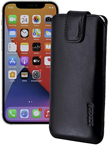 Suncase ECHT Ledertasche Leder Etui kompatibel mit iPhone 12 Pro (6.1) (mit Rückzugsfunktion und Magnetverschluss) schwarz