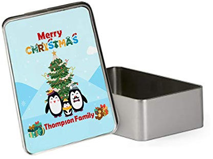 Personalised Penguin Family Merry Christmas ANY SURNAME Gift present Idea Portable Metal Tin Storage Box Biscuit Chocolate Tin Emergency Stuff Tin Birthday Gift. (Rectangular)