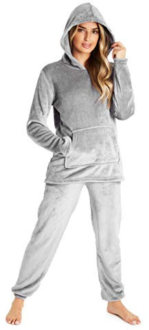 CityComfort Pyjamas Set for Women and Teens Fleece Hooded Long PJs Warm Loungewear Fluffy Nightwear Soft Cosy Sleepwear Gifts for Her (Grey, XL)