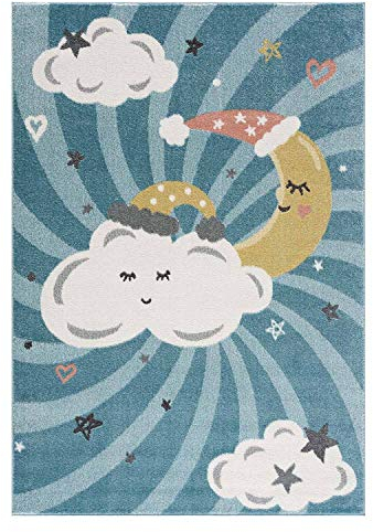 carpet city Kinderteppich Kinderzimmer Blau - 80x150 cm - Mond Wolken Sterne - Kinderzimmerteppiche Mädchen Jungen - Babyzimmer-Teppich - Spielteppich