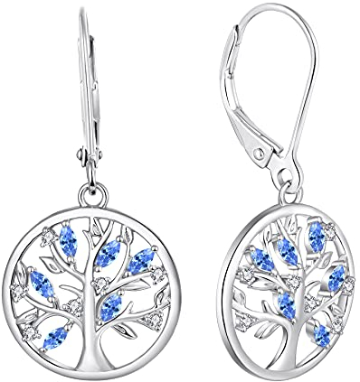 JO WISDOM Damen Ohrringe Hängende Baum des lebens Silber 925,Ohrhänger Lebenbaum mit 5A Zirkonia Kristall März Geburtsstein Aquamarin Farbe,Schmuck für Frauen