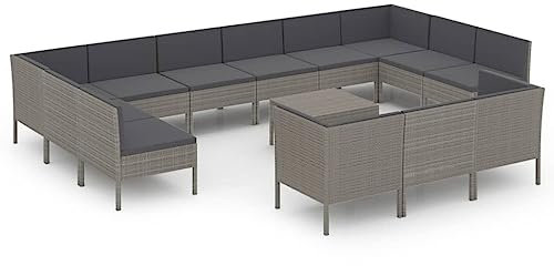 vidaXL Gartenmöbel 14-TLG. mit Auflagen Sitzgruppe Sofa Lounge Garten Garnitur Gartenset Gartensofa Tisch Mittelsofa Ecksofa Poly Rattan Grau