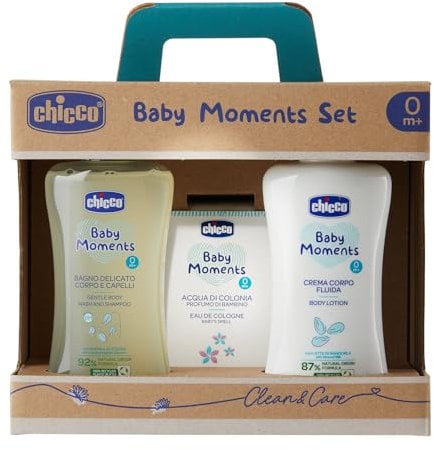 Chicco Baby Moments Set con Bagno Corpo da 200 ml, Crema Corpo 200 ml, Acqua di Colonia 100 ml, Idea Regalo, 0 Mesi +