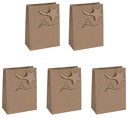 Sigel GT038/5 mittelgroße Geschenktüten aus Kraftpapier, 5er Set, 23 x 17 cm, braun, Christmas tree, Papier-Geschenktaschen Weihnachten