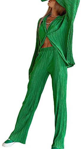 Yassiglia Damen Plissee Zweiteiler Outfit Elegant 2 Teiler Hosenanzug Set Frauen Langarmshirt + High Waist Freizeithose Outfits Sommer Herbst Loungewear Streetwear(Grün, Small)