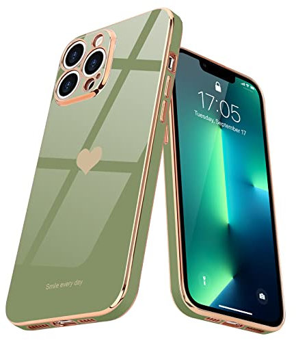 Teageo for iPhone 13 Pro Max Case Cute Heart Pattern for Women Girls Slim Luxury Bling Plating Soft TPU Anti-Scratch Shockproof Bumper Phone Case for iPhone 13 Pro Max, Light Green