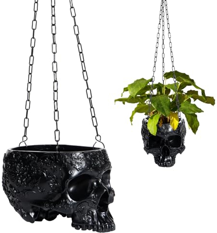 GUTE Hängender Skelett-Pflanzgefäß und Halloween-Süßigkeitenschale, Totenkopf-Blumentopf, mit Metallkette und Haken, 15,2 cm hoch, gruselige Totenköpfe, Zimmerpflanzen und Servierer, für Sukkulenten,