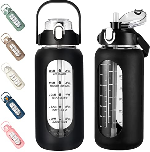 kytffu 64oz Glass Water Bottles with Straw, Half Gallon Motivational Glass Bottle with Silicone Sleeve and Time Marker, 2L Leakproof Large Glass Water Jug for Gym Home Office,Black