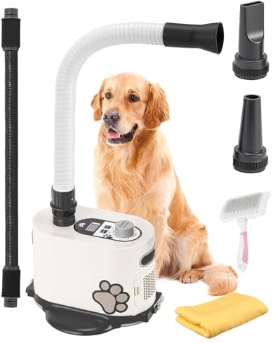 Mxmoonant 3000W Stehender Hundefön, Einstellbare Geschwindigkeit und Temperatur, mit Extra Frei Verstellbaren Harten Schlauch & Großer Bürste & Handtuch für Haustiere