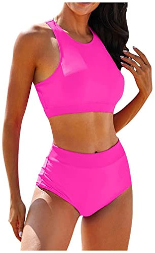 Minetom Femme Deux Pièces Push Up Bikini Set Ensemble Sport Maillots de Bain Débardeur Taille Haute Triangle Swimwear A Rose Vif M