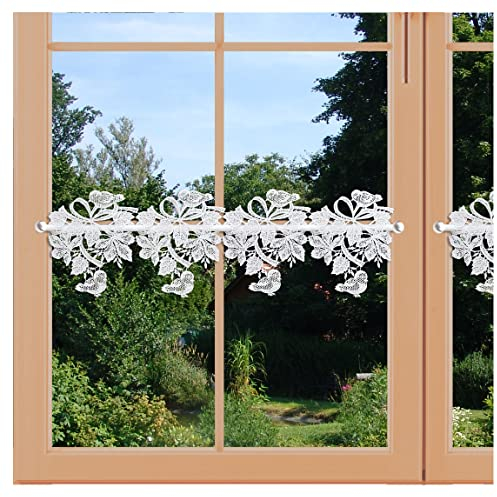 Feenhaus-Scheibengardine Vögel in weiß aus Echter Plauener Spitze dezente Stangendeko mit Blätter-Motiv und Schleife 20 x 80 cm