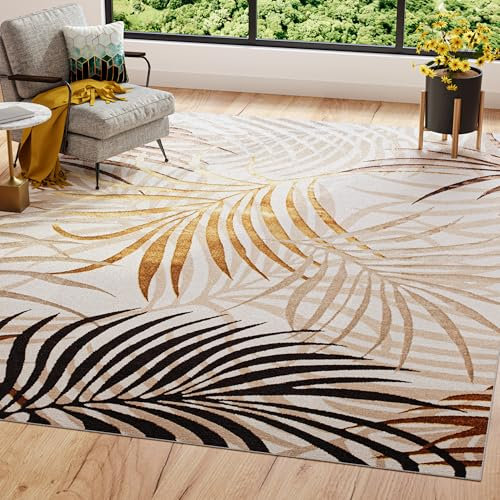 TAPISO Golden Tapis Salon Poils Courts Brillant Moderne Marron Crème Or Beige Moucheté Feuille de Palmier Tapis Chambre Adulte Salle à Manger Oeko-TEX Résistant 160 x 230 cm