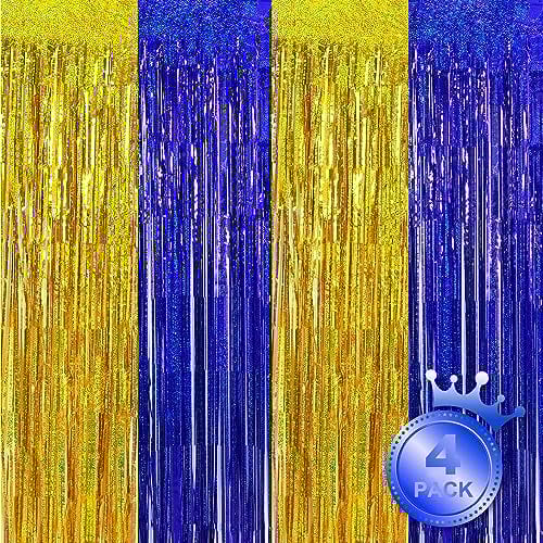 BEISHIDA 4 Pcs Blue and Gold Party Streamers Fringe Foil Curtain Backdrop Tinsel Background Party Decoration for Door Wall Graduation Birthday Wedding Anniversary Party Decoration(3.28 Ft x 8.2 Ft)