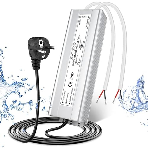 Transformador LED 24V 200W IP67, transformador exterior impermeable con enchufe, fuente de alimentación LED de 230V a 24V DC, adaptador driver LED para tiras, lámparas y proyectores.