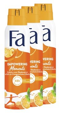 FA Deospray Empowering Moments (3x 150ml), Deodorant mit dem belebenden Duft von Orangenschalen & Basilikum, Vegane Formel, stoppt Bakterien, Deo-Schutz ohne Aluminiumsalze