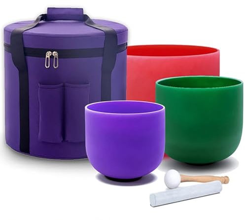Siceeoly 8-12 inch Set of 3 Crystal Singing Bowls 8B 10F 12C Red Green Purple Color Frosted Root Heart Crown Chakra Sound Healing Bowl with 1 Travel Carry Case 1 Mallet Suede 1 Striker 3 O-rings