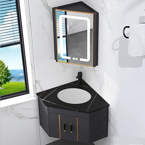 Lavabo de Salle de Bain Mural D'angle, Meuble Salle de Bain avec Vasque, Lavabo de Salle de Bain Mural, Lavabo de Salle de Bain, Lavabo de Salle de Bain avec Conteneur de Stockage(BK)