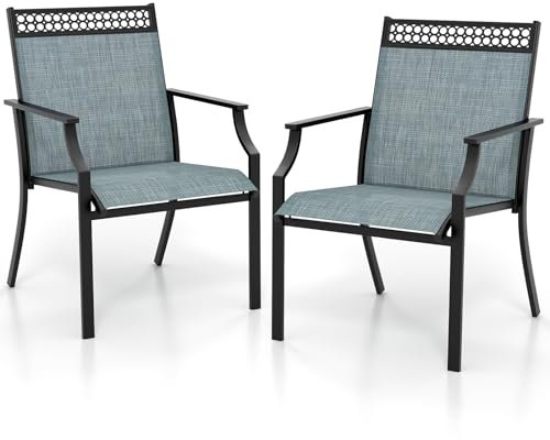 COSTWAY Garden Chairs Set of 2, Outdoor Metal Frame Texteline Dining Chairs with High Back and Armrests, All-Weather Patio Bistro Chair Deck Seats for Backyard Lawn Porch (Blue, 66 x 61 x 91 cm)