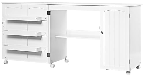LIFEZEAL 3 in 1 Nähmaschinenschrank, Klappbarer Nähtisch auf 6 Rollen, Mobiler Nähschrank mit Ablage & 3 Regale, Computertisch für Zuhause&Büro, 158,5 x 50 x 74 cm (Weiß)