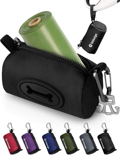 Gobeigo Dog Poop Bag Holder for Leash, Large Opening for Easy Pull Out, Doggy Poo Bag Dispenser with Used Waste Bag Carrier Suitable for Any Retractable Leash with 15 Unscented Bags (Black)