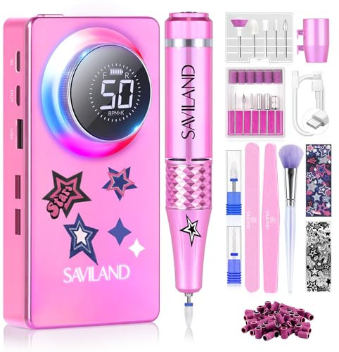 SAVILAND Powerful Electric Nail Drill Professional: 50000RPM Nail Filer Electric Nail File Rechargeable Nail Drill Kit Portable Efile Nail Drill 2 Ceramic Bit 2 Sticker for Fast Remove Acrylic Nail