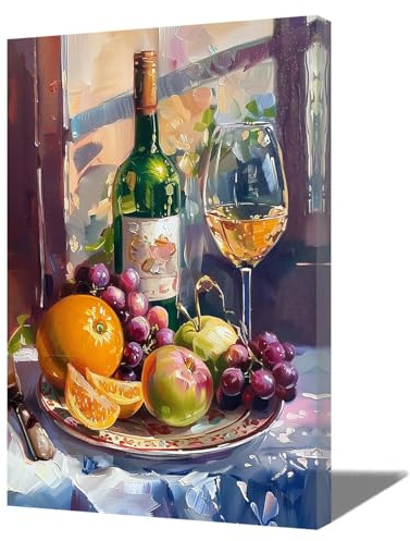 ZQQART Leinwanddrucke für die Küche im Landhausstil abstraktes Bild mit Trauben und Wein Vintage Obst Wein Gemälde mit Essensthema für Esszimmer Küche Wohnzimmer Büro Bar Wanddekoration (40x60cm)