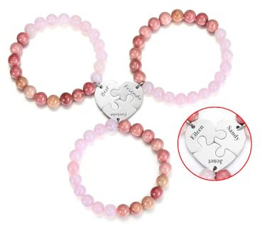 PiercingJak 3 Stücke Freundschaftsarmband mit Gravur Herz Puzzle BFF Anhänger Perlenarmband 8mm Edelstein Perlen Armbänder Personalisierte Geschenke für Freundinen Freunde, Best Friends Forever