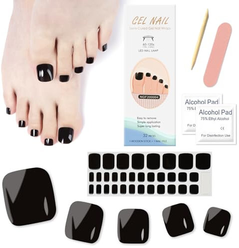 Ceboic Adesivi per Unghie dei Piedi in Gel Semi Indurito, 32 Pezzi Unghie Gel Adesive UV dei Piedi, Smalto Adesivo per Unghie Piedi, Gel Nail Stickers per Donne Ragazze Unghie Arte DIY - Nero