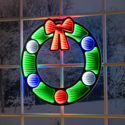 CHRISTOW Christmas Wreath Infinity Light, LED Mirror Tunnel 3D Effect Decoration, Hanging Indoor Front Door Wall Decoration, Home Lighting, Mains Operated (60cm)