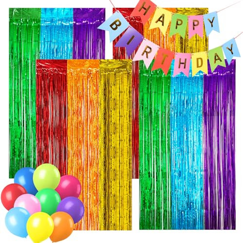Regenbogen-Lametta-Vorhang, Party-Hintergrund-Set, Regenbogen-Folien-Fransenschlangen mit Luftballons, Banner, Lametta-Metallic-Luftschlangen, Folienvorhang-Dekoration für Geburtstag, Hochzeit,