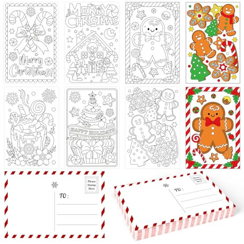Whaline 48 Stück Blanko-Weihnachtskarten zum Ausmalen von Lebkuchen, Süßigkeitenhaus zum Ausmalen, Grußkarten, Wunschzettel, Schreiben für Familie, Klassenzimmer, Weihnachten, Partygeschenke, 10,2 x