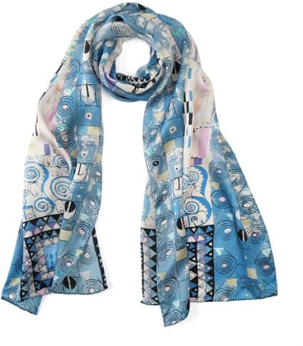 JWSilk Langer Charmeuse Seidenschal Klassischer Kunstdruck, Baum des Lebens von Gustav Klimt Blau, 63 x 17