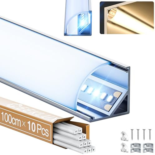 GEEKLUX Profilés en Aluminium pour Ruban LED 45° - 1 m x 10 pcs (10 m au total), Profilé LED en V avec Diffuseur 90 Degrés, Profile Aluminium Idéal pour Plafond, Escaliers et Angles - 15,8 x 15,8 mm