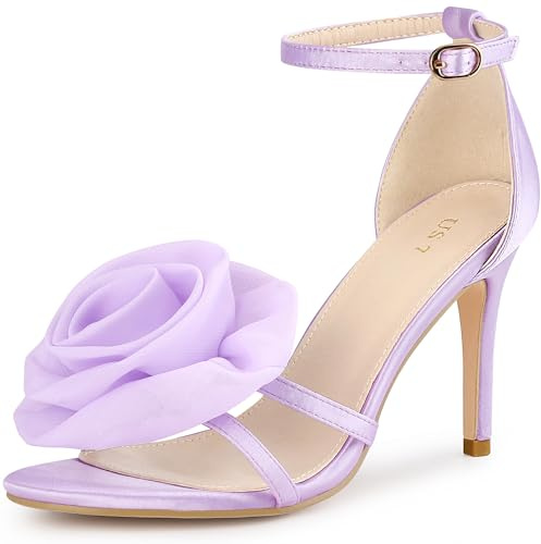 Perphy Women Satin Flower Ankle Strap Stiletto Heel Sandals Padded Insole | 3D Organza Rose Decor. Slim High Heel 3.9 Inches. Cushioned Footbed. Open Toe. Party and Wedding
