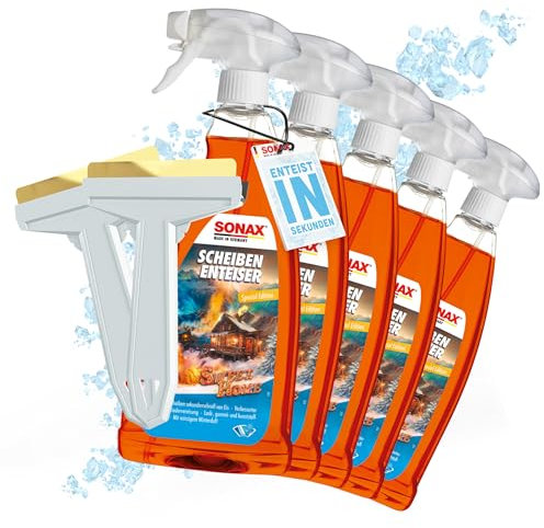 Auto Scheibenenteiser Set | 5X Sonax Scheiben Enteiser Spray Sweet Home 1 Liter für Autoscheiben + 2X Murska Eiskratzer mit Messingklinge | Enteiserspray für klare Sicht