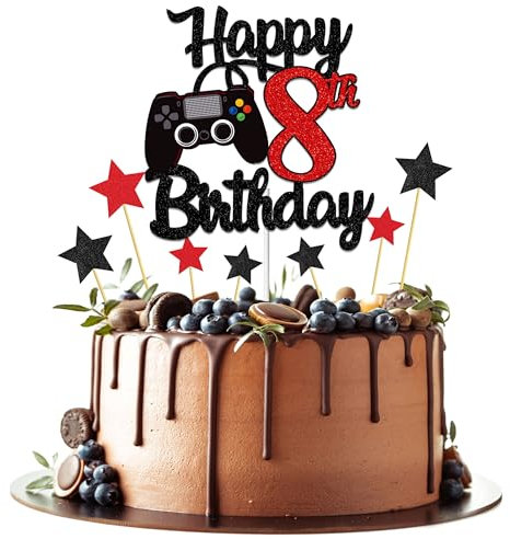 Joyeah Happy 8th Birthday Cake Topper Glitter Video Game Cake Pick Game On Cheers to 8 Years Cake Decoration for Game Theme Happy 8th Birthday Party Supplies Red