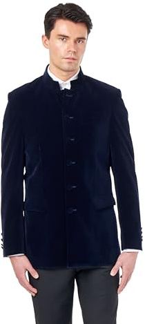 Men’s Navy Velvet Smoking Nehru Jacket Classic Chinese Grandad Collar Wedding Party Blazer [BLZ-HARSHIL-Navy, UK/US 44 EU 54]