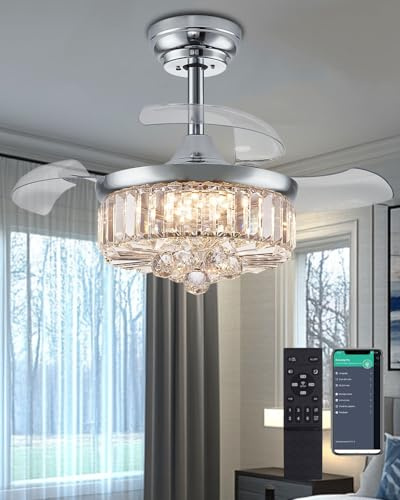Fejanical - 30 Inch Glass Ceiling Fan with Adjustable Light, Ceiling Fans with Lights for Living Room Bedroom Chrome
