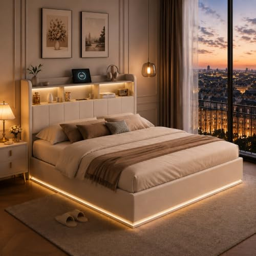 LIVLUX Polsterbett Doppelbett 140×200 mit Stauraum Kopfteil und Hydraulischem Stauraum,Jugendbett mit LED und USB Ladestation,Stauraumbett Funktionsbett,Bettgestell mit Lattenrost,Samt