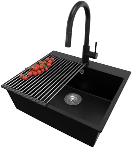 PRIMAGRAN Granitspüle Schwarz 58x50cm, Spülbecken 1 Becken + Küchenarmatur 40x20cm + Zuberhor-Set, Küchenspüle ab 60er Unterschrank - Riga S216