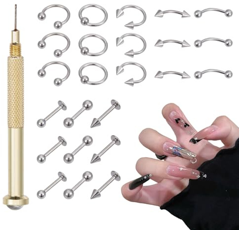 NICENEEDED 25 Stück Nail Art Dangle Charms Mit Piercing Werkzeug Handbohrer Nagelschmuck Ringe Charms Durchbohrte Kunstbedarf Für Tipps Acrylgele Dekorationen
