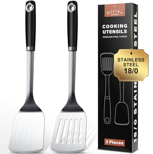 Stainless Steel Spatula Set, 2 Piece Heavy Duty Turner/Metal Spatula, High Heat Resistant Kitchen Cooking Utensils, Ideal Cookware for Frying Steak, Fish, Eggs or Pancakes