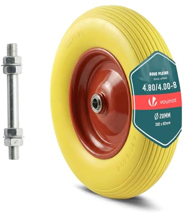 VOUNOT® Roue Increvable 4.80/4.00-8 en PU Roue de Brouette 392x92mm Alésage de 20 mm avec Axe Inclus et Roulements à Aiguilles pour Diable Chariot et Remorque de Jardin Jaune