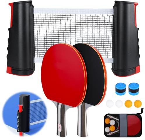 BBWELL Bordtennisset, 2 bordtennisracketar, 4 bollar (2 gula, 2 vita), infällbart nät, 2 ärmbeläggningar och bärväska, mobilset, idealisk för inomhus och utomhus