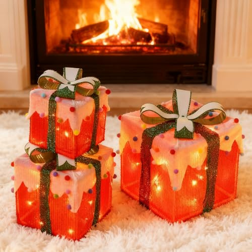Led Geschenkbox Weihnachten mit Timer 3er Set, Led Deko Geschenke Leucht Boxen, Weihnachtsdeko Leuchtend, Weihnachts Dekoration Batterie Betrieben, Beleuchtete weihnachtsdeko Outdoor und Innen
