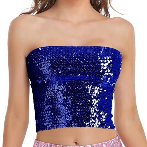 mojingder Pailletten Oberteil Damen,Glitzer Tube Top Pailletten Top Schulterfreies Oberteil Rave Kostüm Crop Top Trägertop Nachtclub Karneval Party,Karneval Kostüm Damen