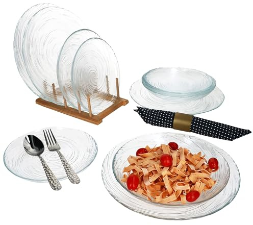 MamboCat Oxy Lot de 12 assiettes en verre I 4 assiettes plates, 4 assiettes creuses 300 ml x 4 assiettes à dessert I Vaisselle en verre pour 4 personnes I Verre transparent avec décor tourbillon
