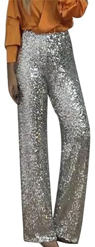 Saymany Glitzer Hose Damen Lang Glitzernd Pailletten Hosen High Waist Stretch Pailletten-Schlaghose Weites Bein Einfarbige Elegant Glockenhose Damenhose Disco, Party, Clubwear Für Frauen